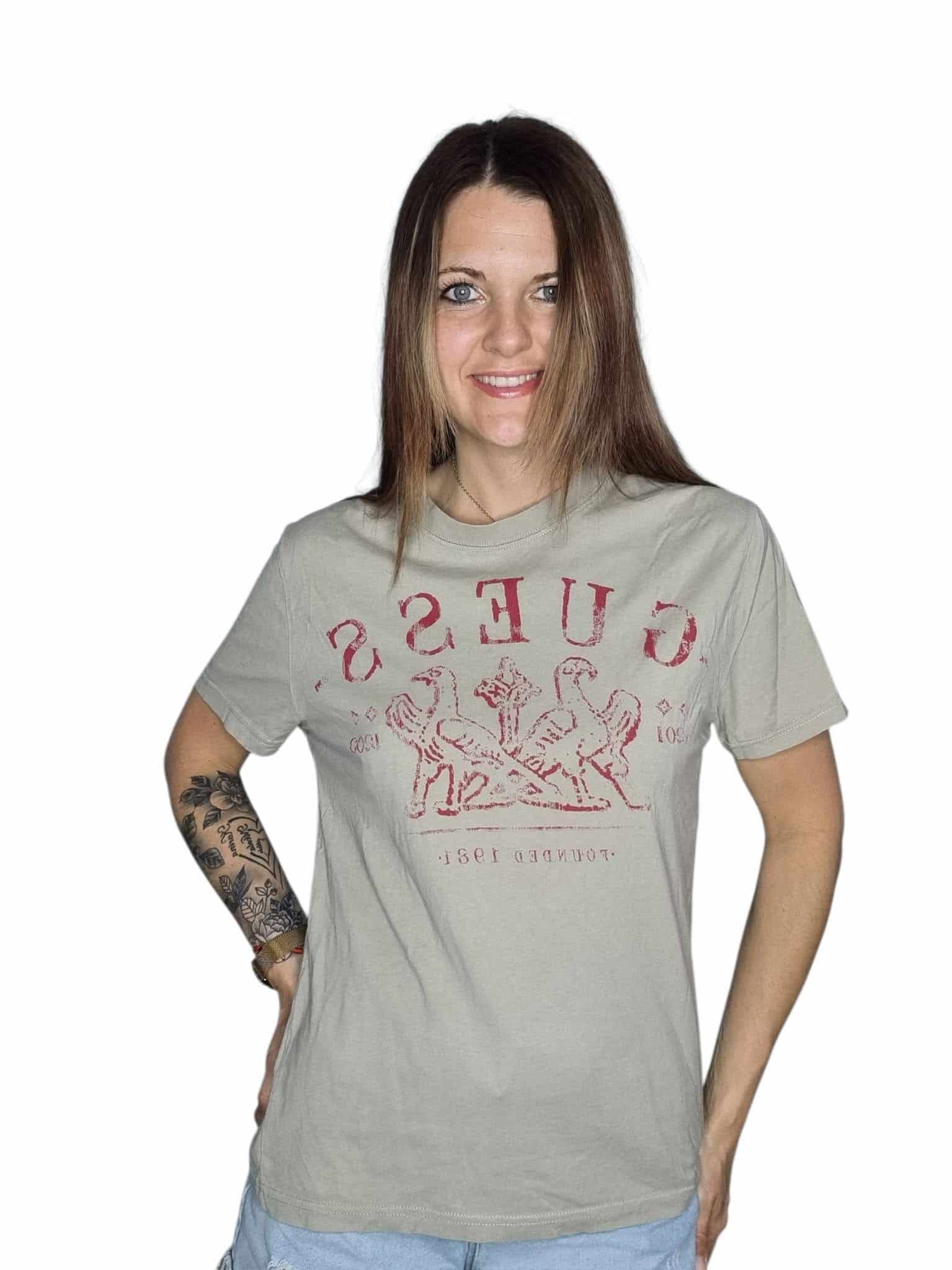 Brązowo beżowy T-shirt guess rozmiar M/L